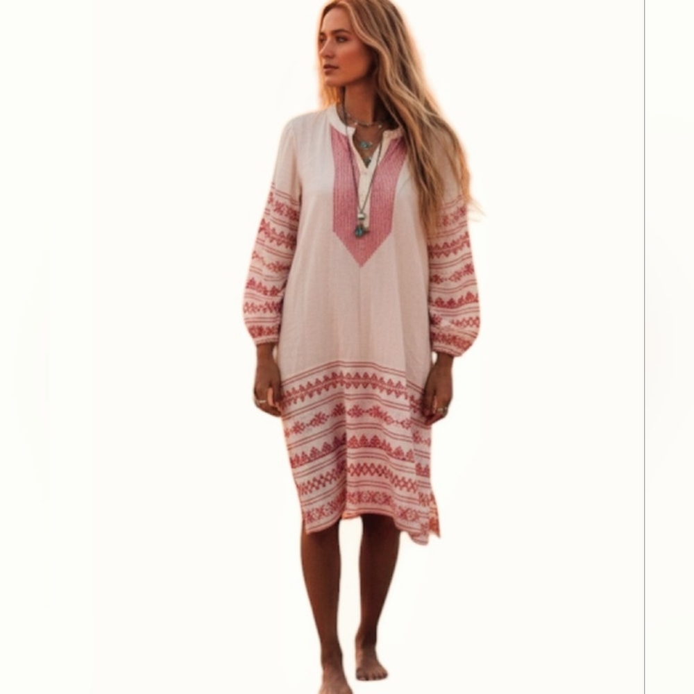 Maison Hotel | Dominique Embroidered White Red Boho Dress Small